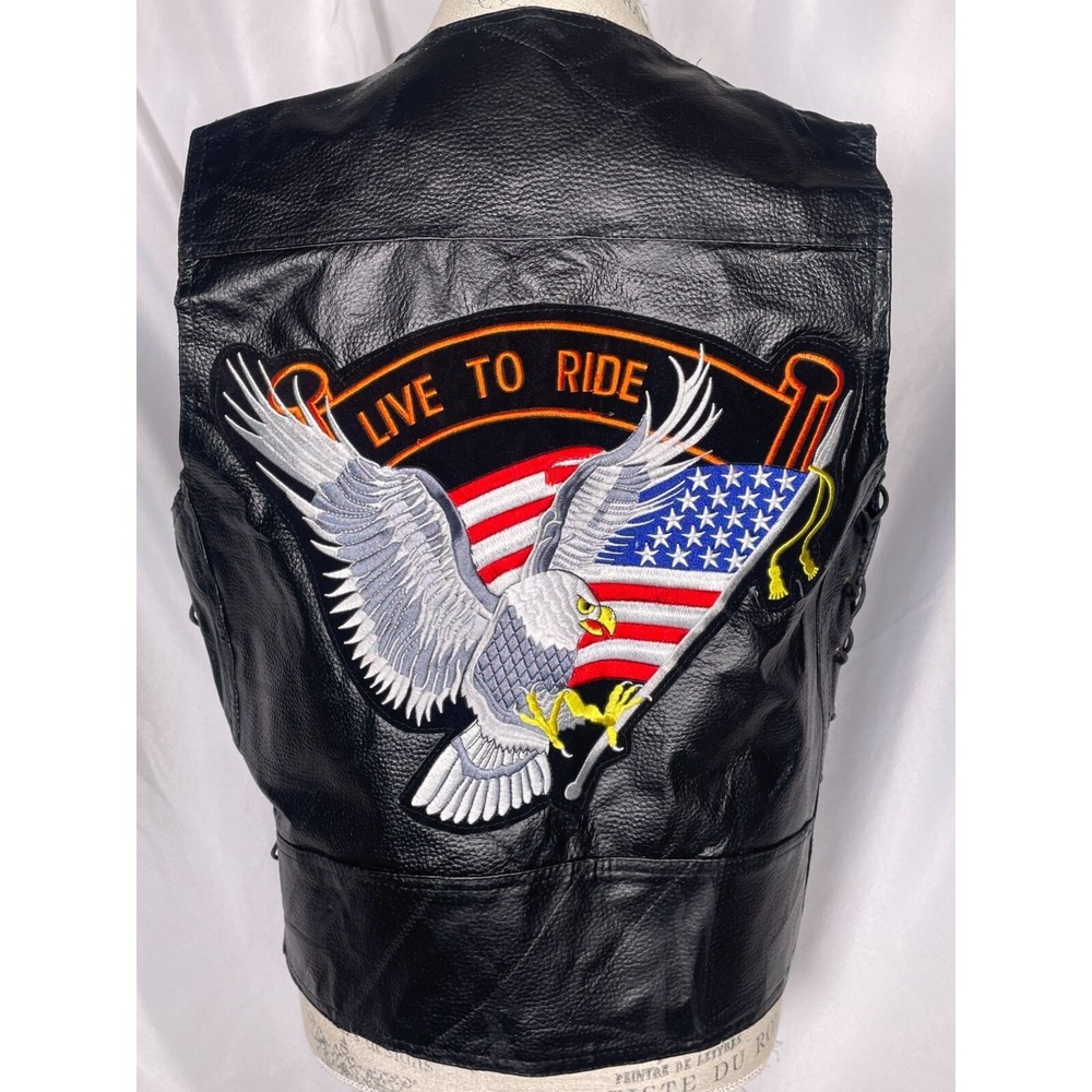 VTG Custom Buffalo Nickel Eagle Flag Black Leather Motorcycle Vest Women's LARGE